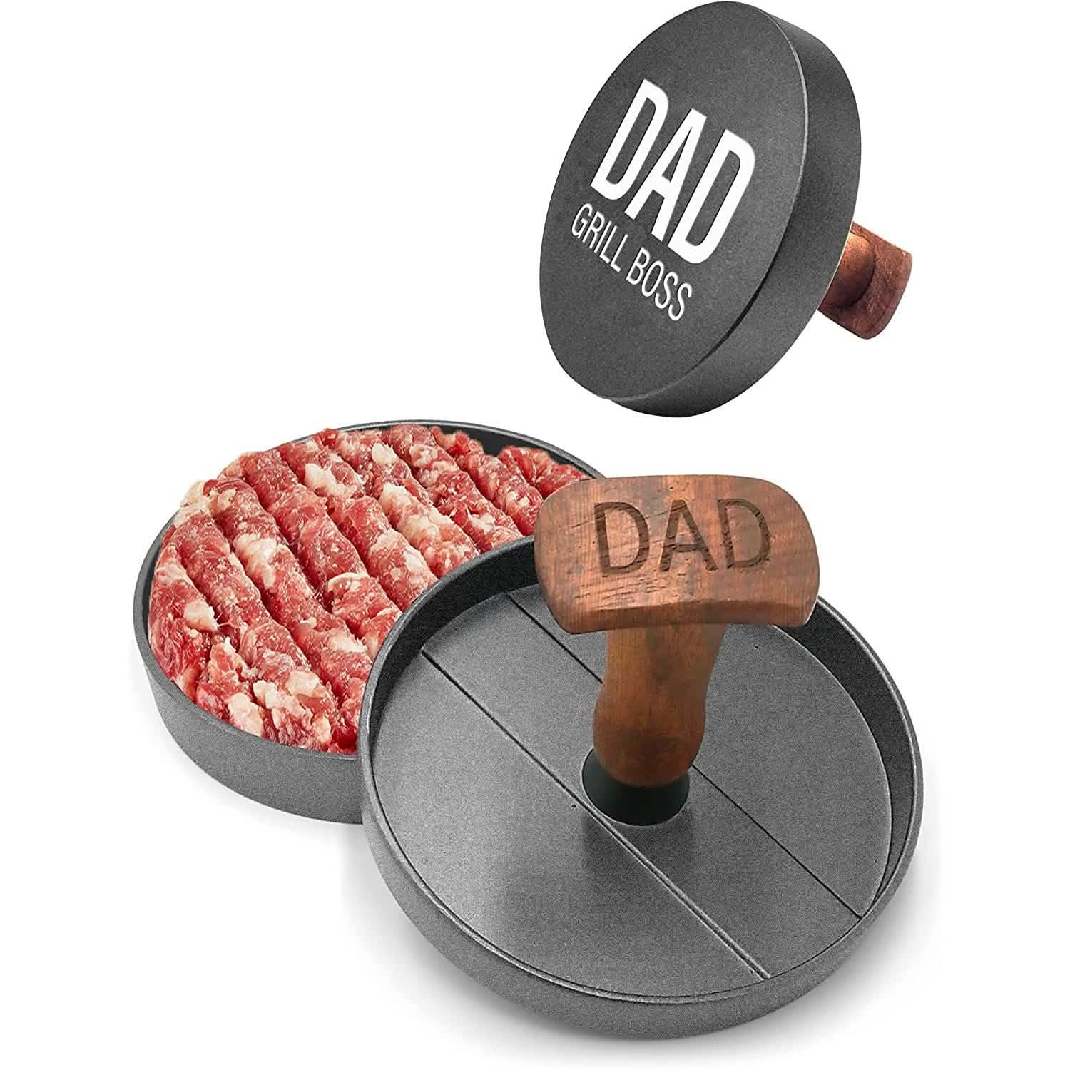 Hamburger press with wooden handle and circular non-stick base, DAD GRILL BOSS