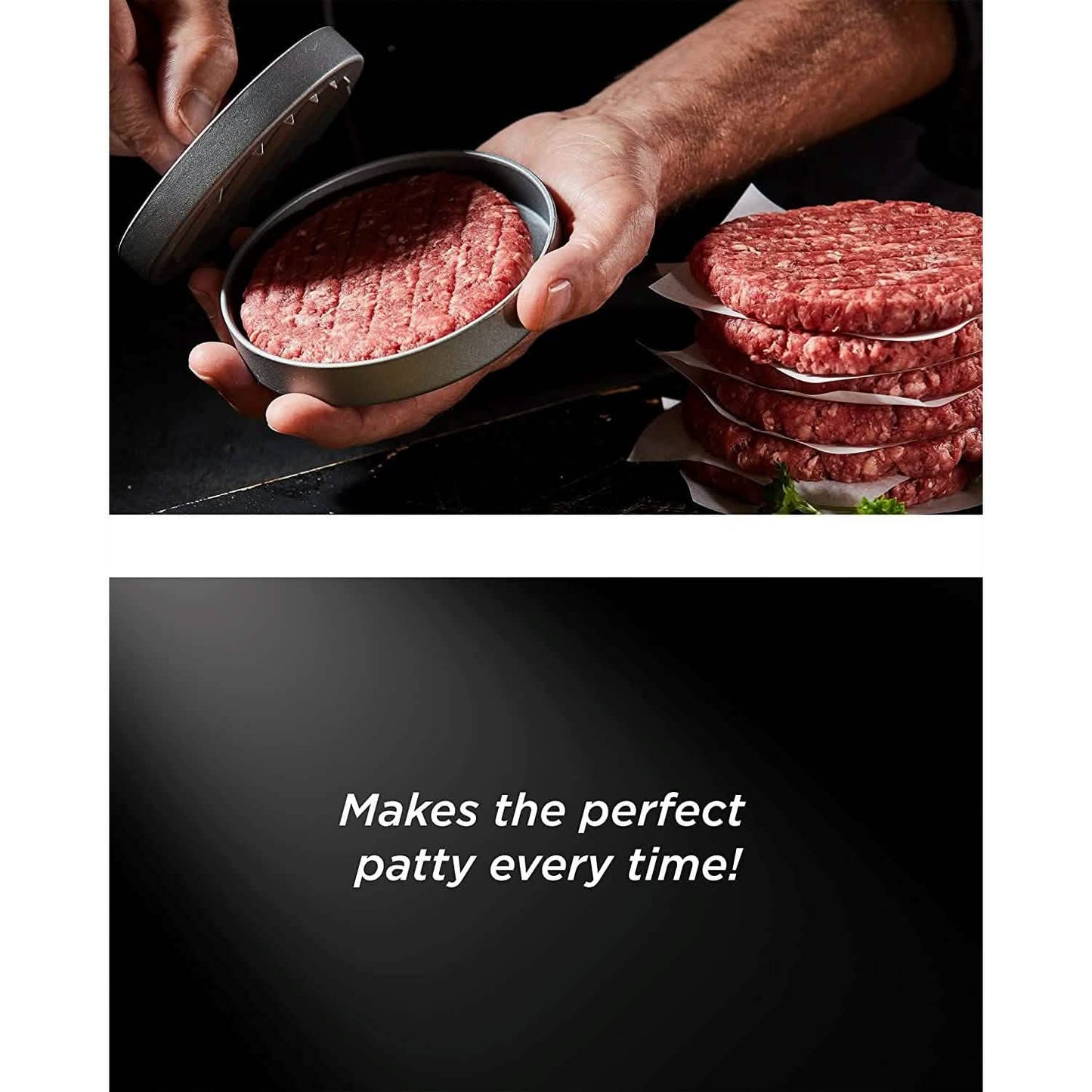 Hands using round hamburger press to shape raw burger patties, wooden handle
