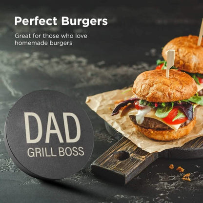 Round hamburger press with DAD GRILL BOSS logo beside stacked burgers