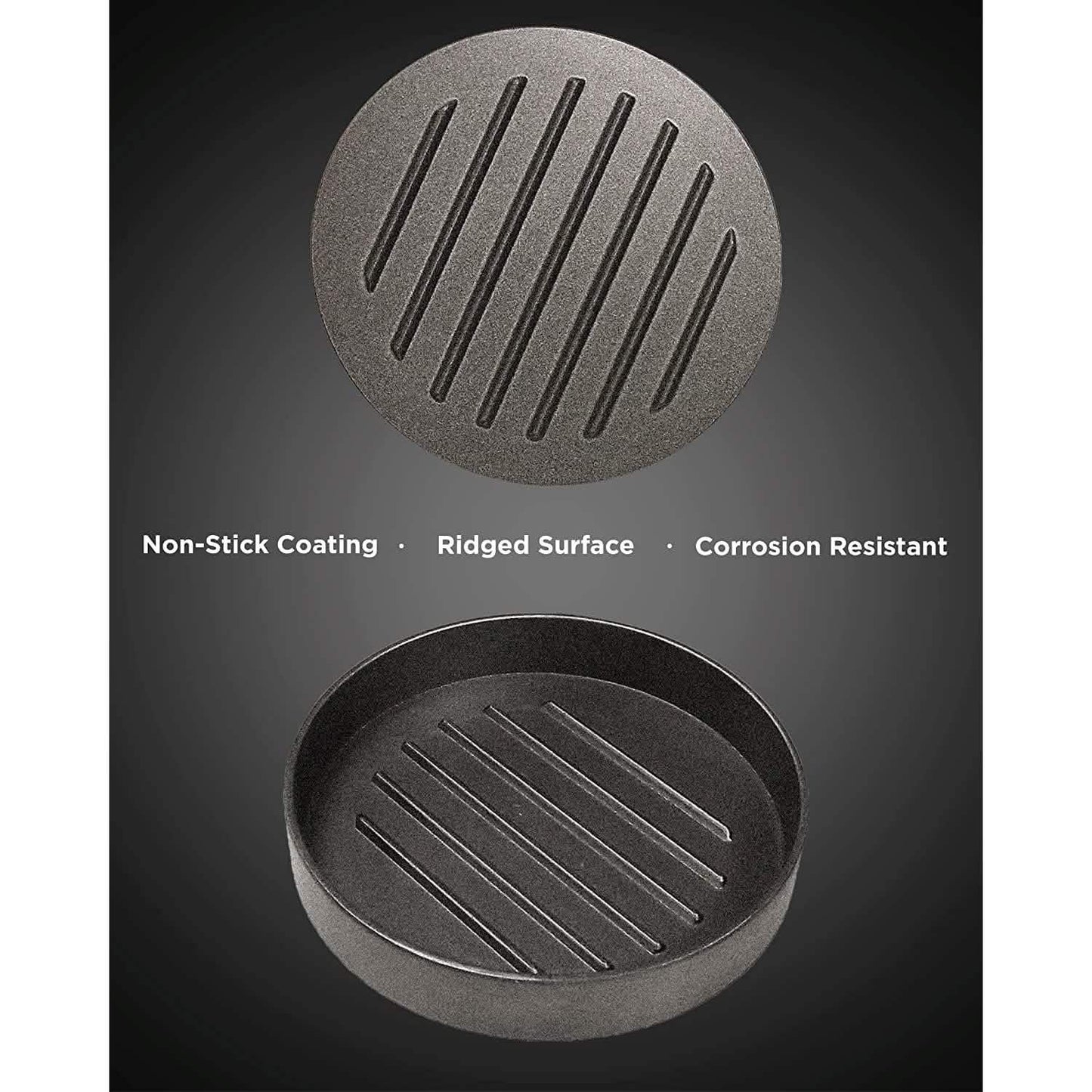 Circular non-stick hamburger press base with ridged cooking surface