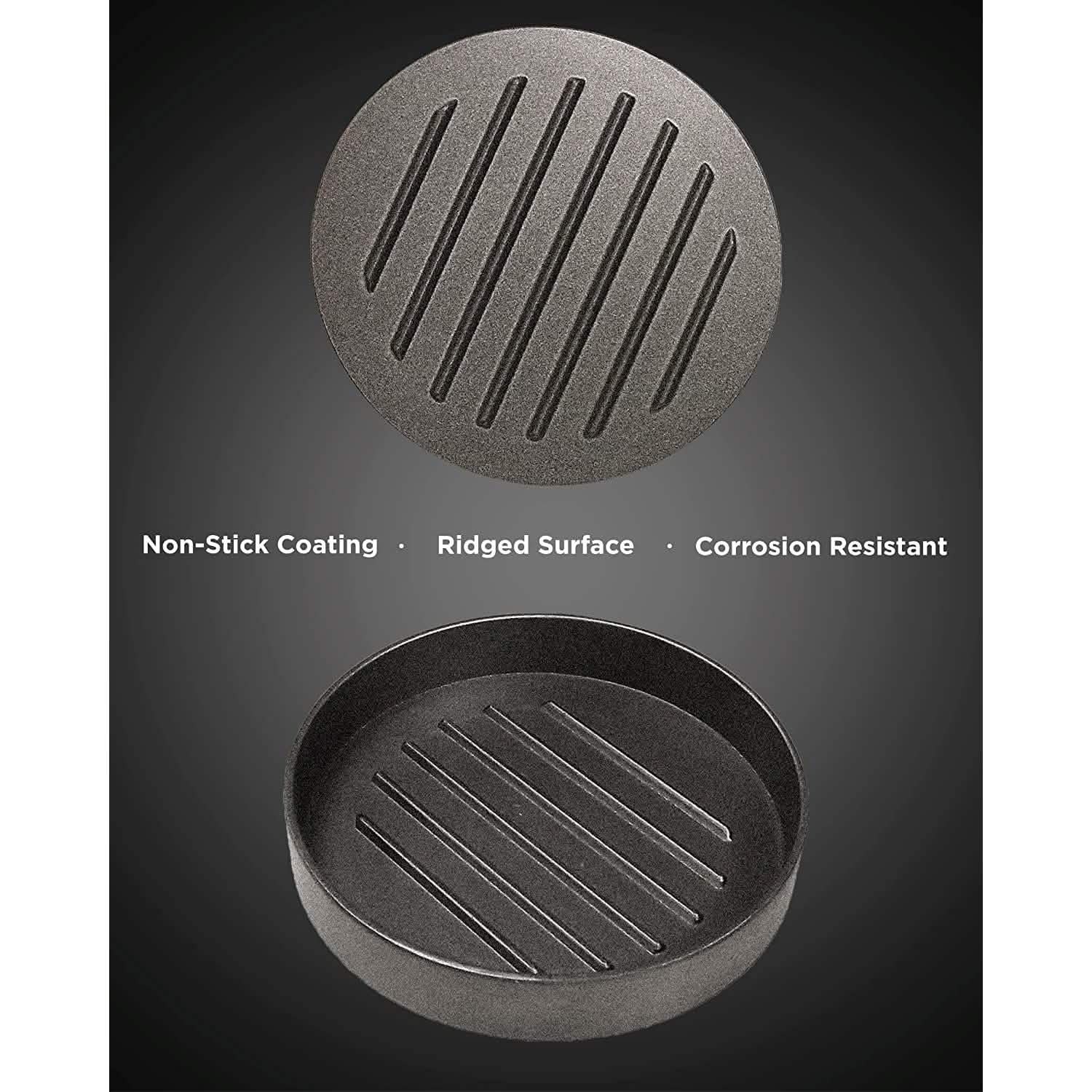 Circular non-stick hamburger press base with ridged cooking surface