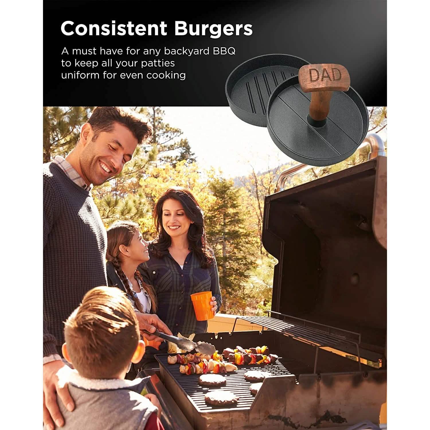 Round hamburger press with wooden handle on grill, circular non-stick cooking surface