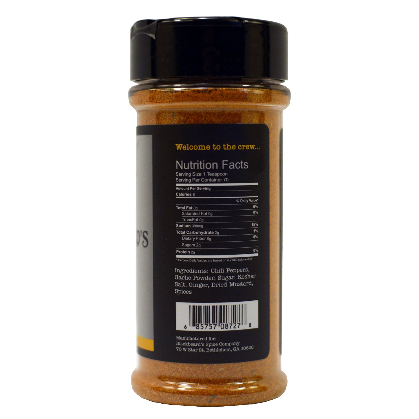 Blackbeard's Spice jar with black cap, nutrition facts panel and brown spice blend.