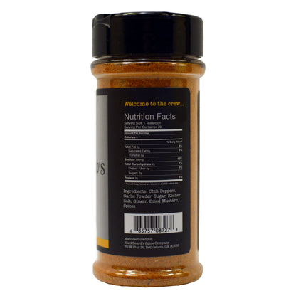 Blackbeard's Spice jar with black cap, nutrition facts panel and brown spice blend.
