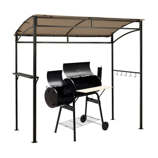 Outdoor grill gazebo canopy shelter with metal frame, shelf, and hanging hooks