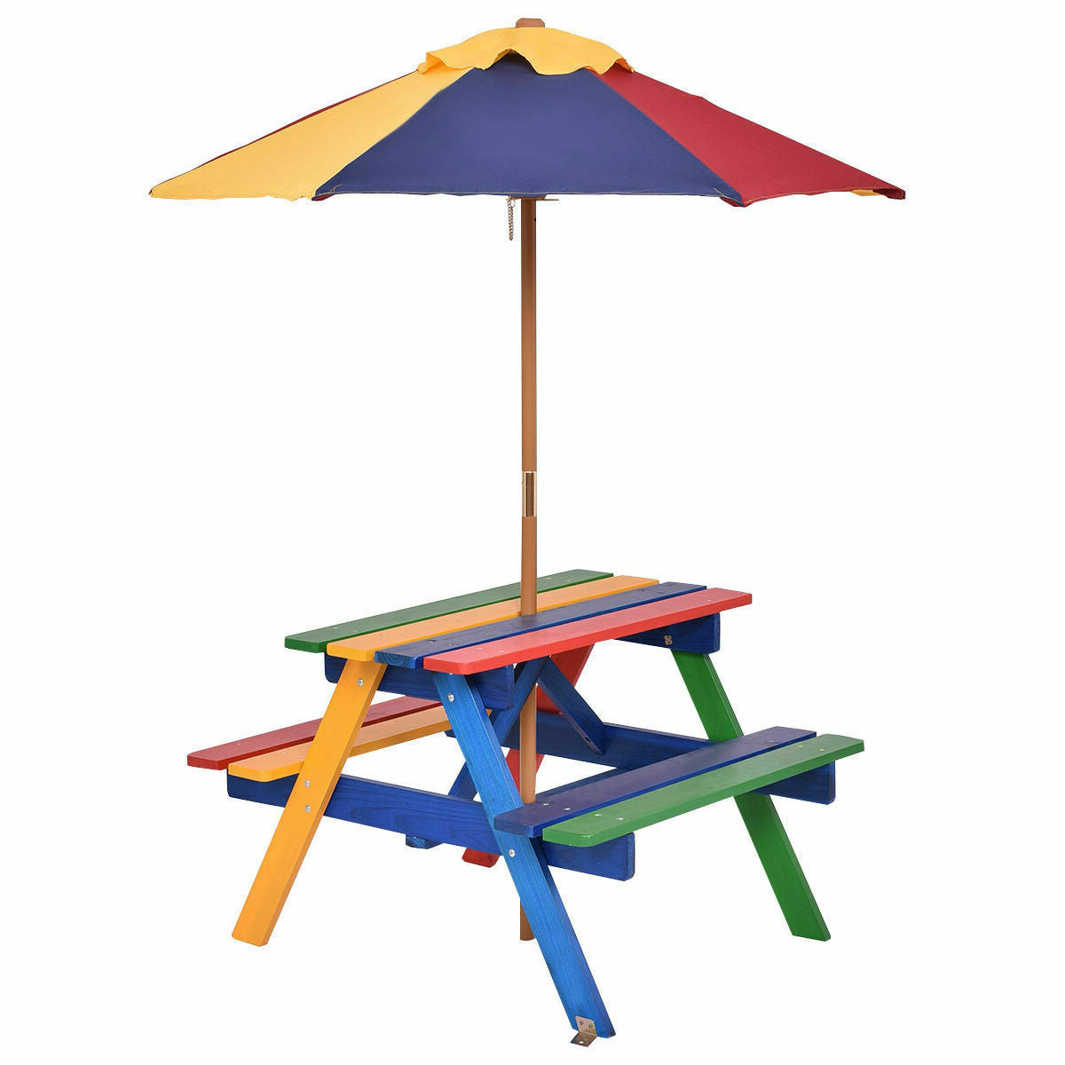 Kids picnic table set with multicolor umbrella and wooden benches