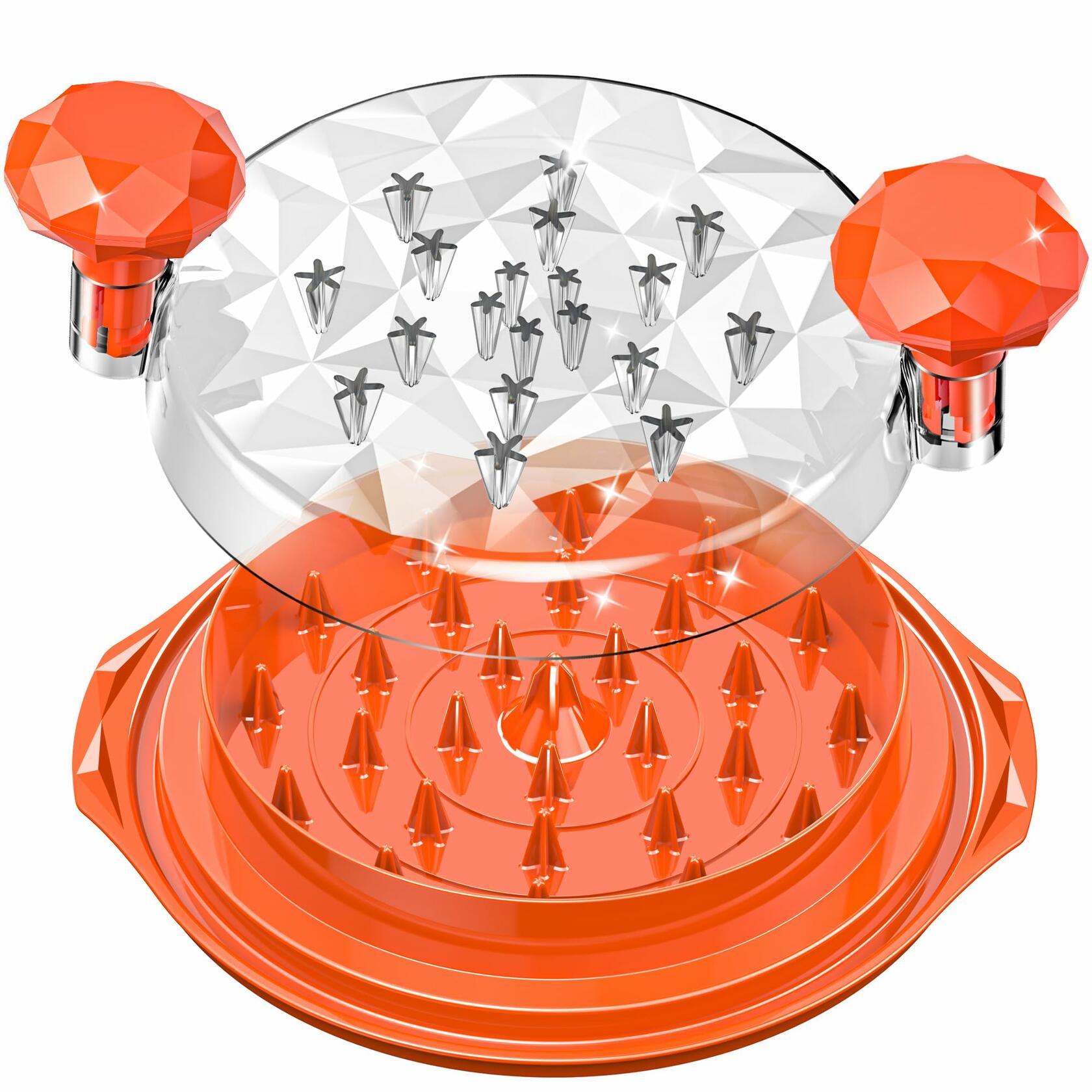 Orange chicken shredder tool with clear lid and two ergonomic handle knobs