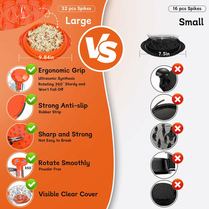 Large orange chicken shredder lid with spiked disc and visible shard-style spikes