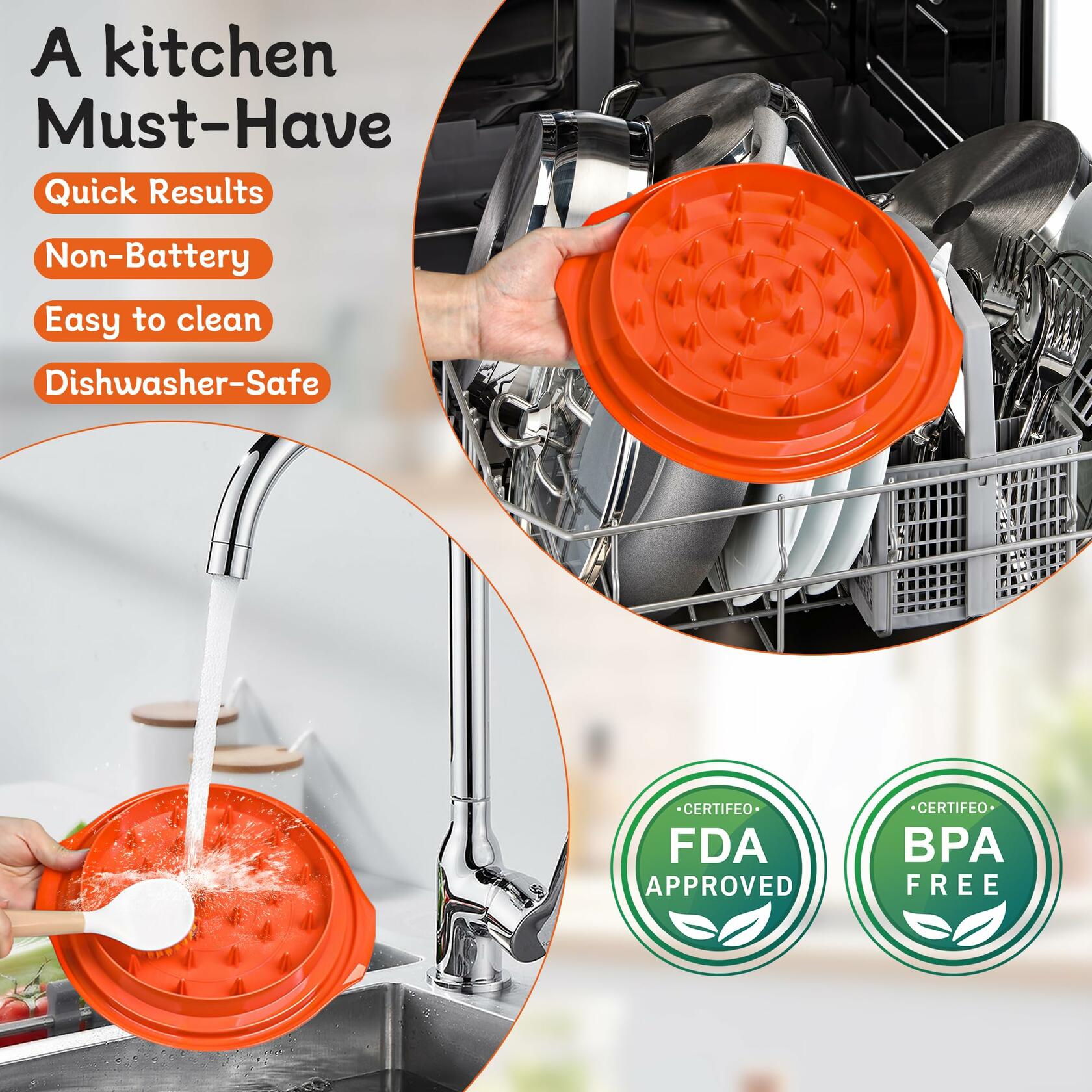 Orange chicken shredder tool in dishwasher basket with clear spiked lid