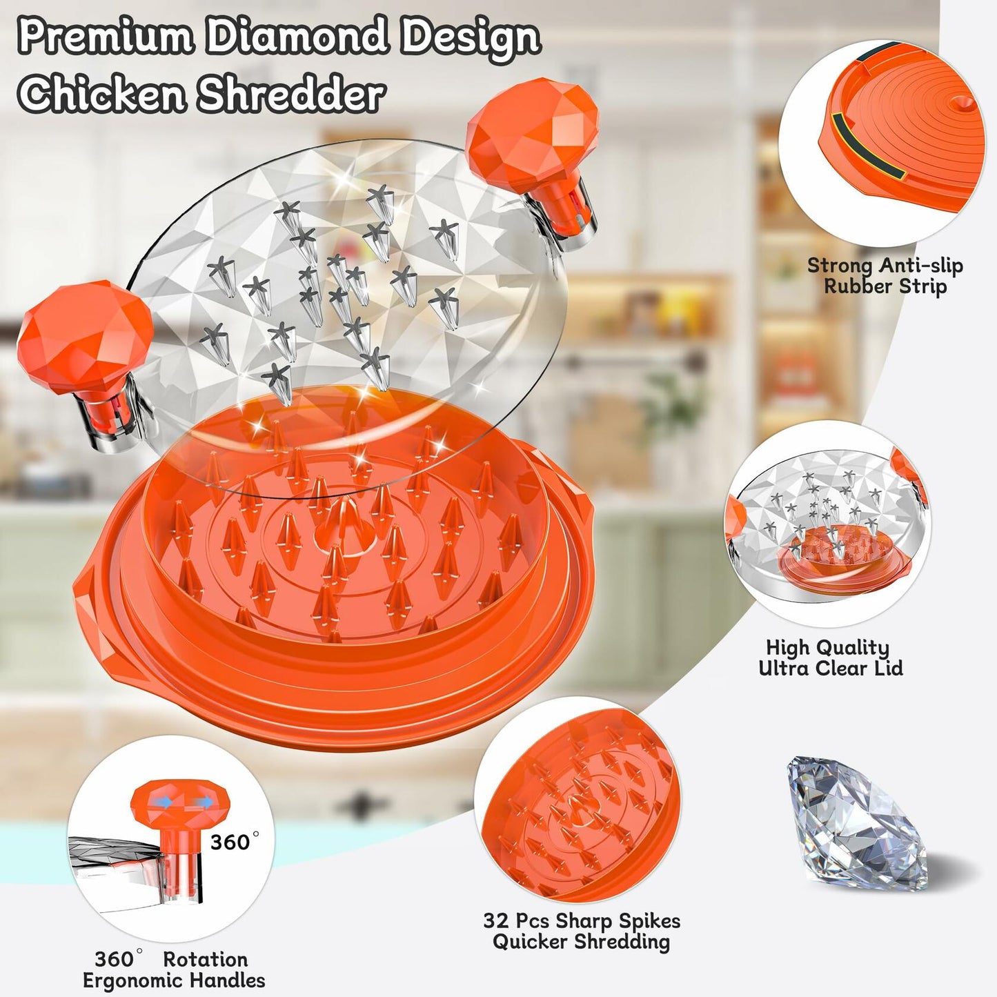 Orange chicken shredder with clear lid, spiked base, and anti-slip rubber strip