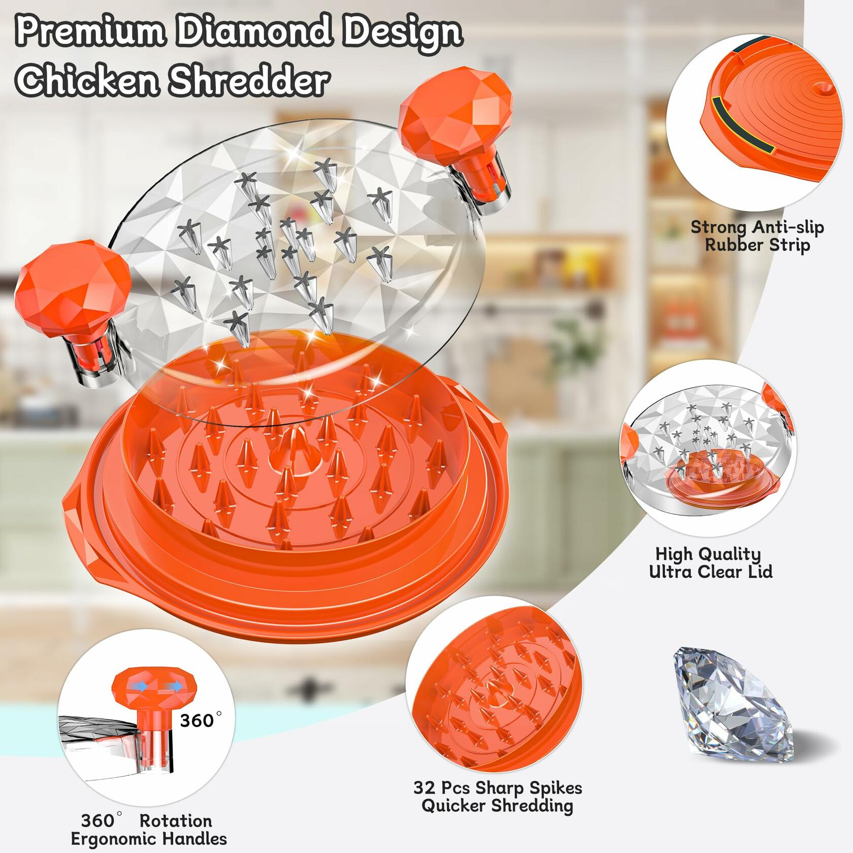 Orange chicken shredder with clear lid, spiked base, and anti-slip rubber strip