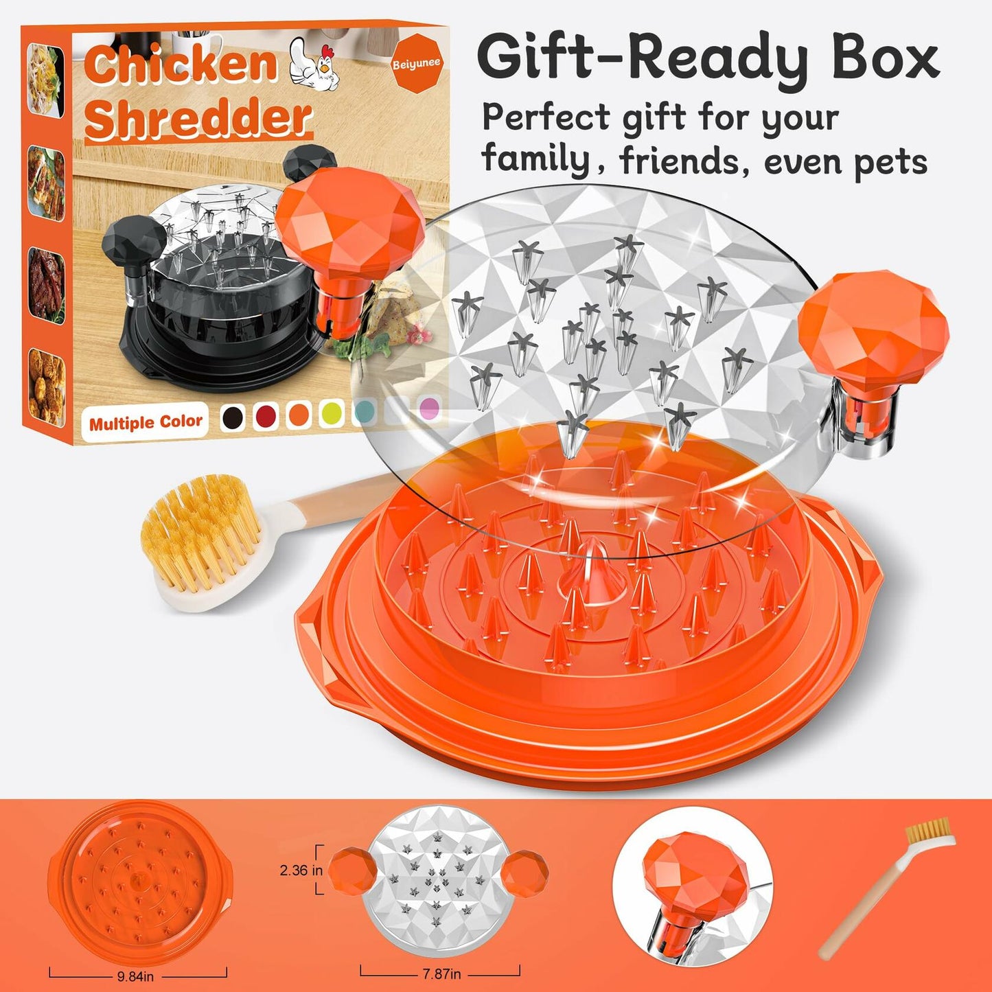 Orange chicken shredder tool with clear spiked lid and orange handle knobs