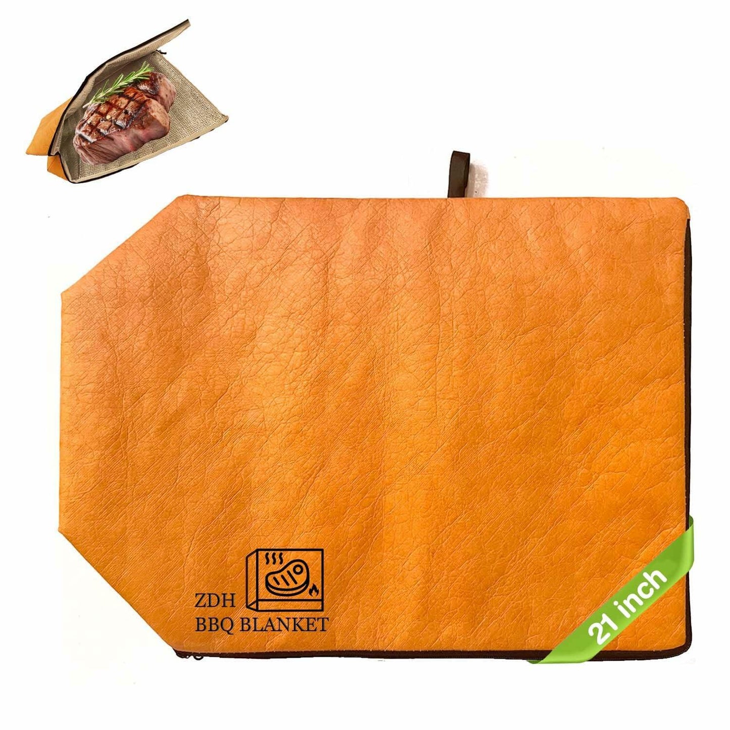 Orange insulated BBQ resting blanket bag, 21-inch size, open pouch with zipper