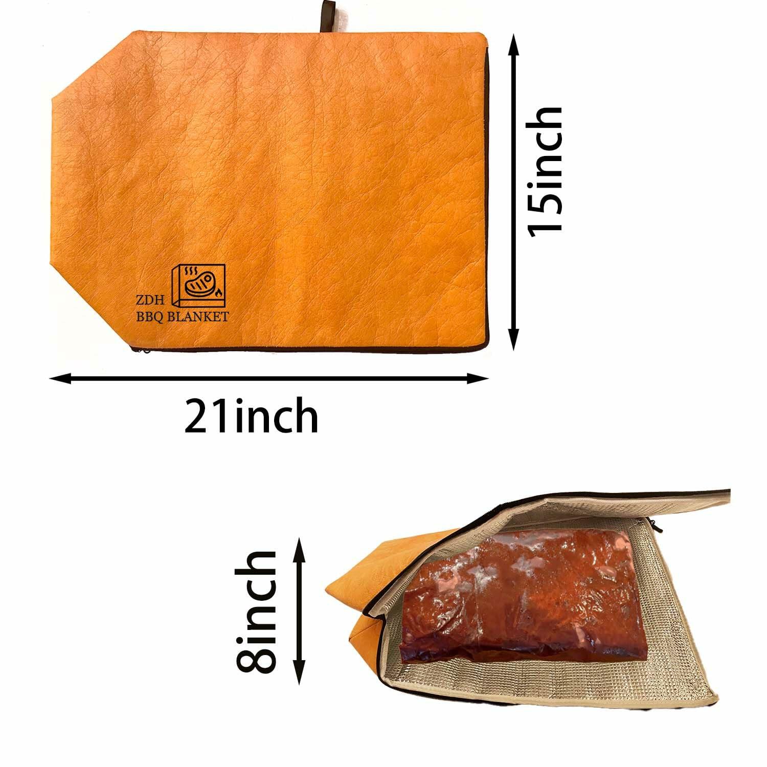 Orange insulated BBQ blanket bag, 21 in x 15 in, rectangular with hanging tab