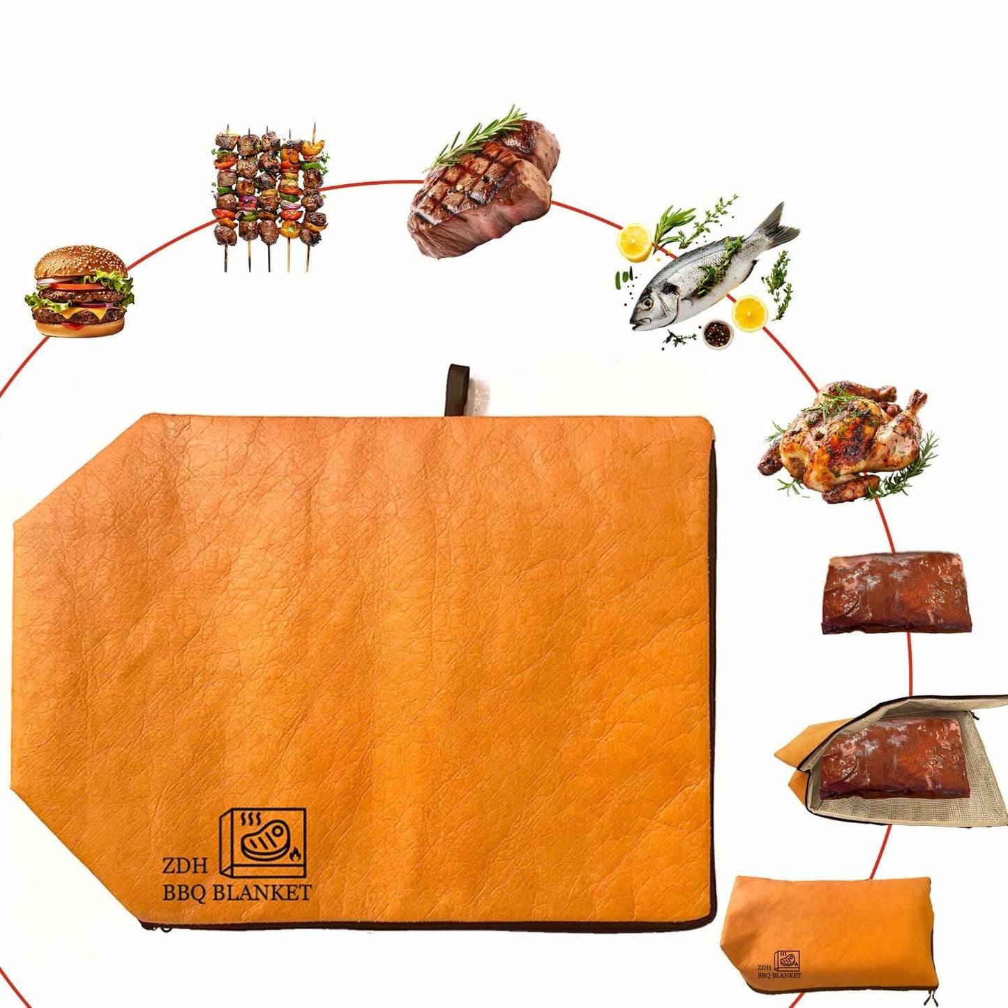 Orange insulated BBQ resting bag with zipper opening holding brisket pieces