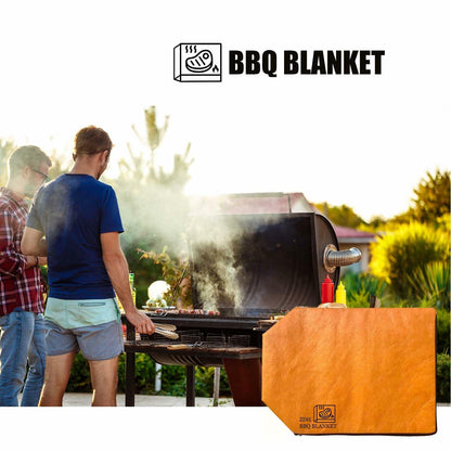 Orange BBQ blanket resting cover with logo, set near an outdoor grill