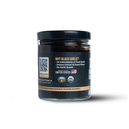 Black garlic purée jar back label with “Why black garlic?” text, 7 oz glass container
