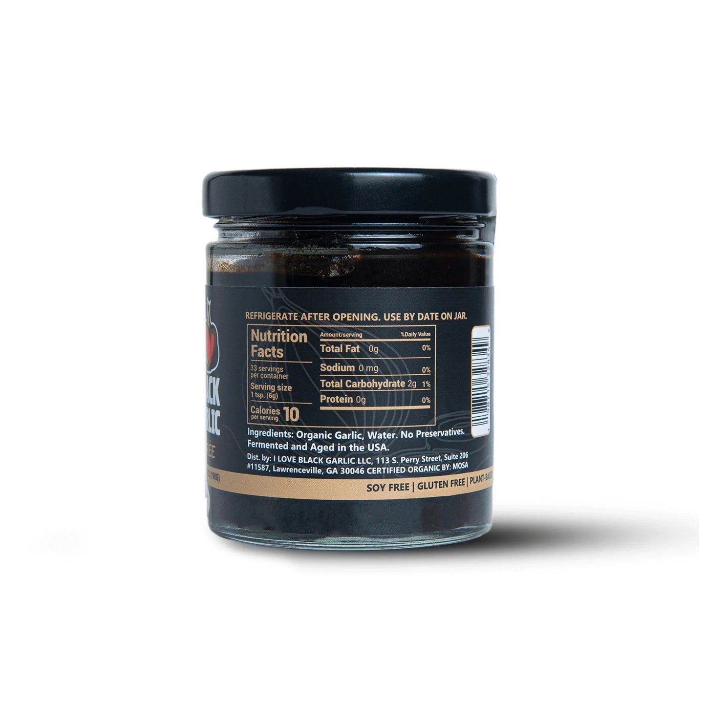 Black garlic purée jar back with Nutrition Facts panel and ingredient information