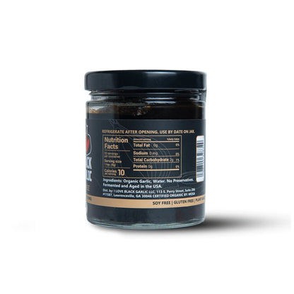 Black garlic purée jar back with Nutrition Facts panel and ingredient information