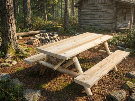 Outdoor log picnic table with two attached benches, light natural wood.