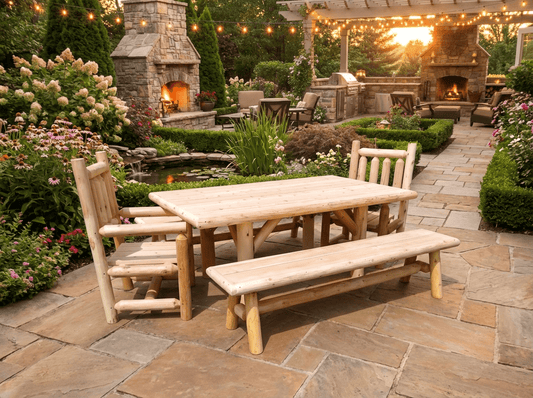 Outdoor farmhouse patio dining table with 4 matching wooden chairs