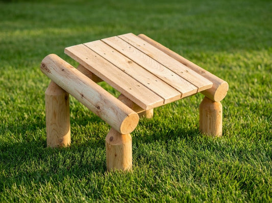 Outdoor wooden footrest with slatted top and rounded legs, light natural finish.