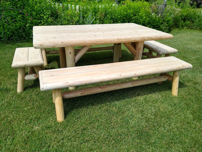 Cedar log picnic table with two benches, light wood, front-angle view