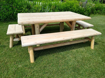 Cedar log picnic table with matching benches, light wood, side view