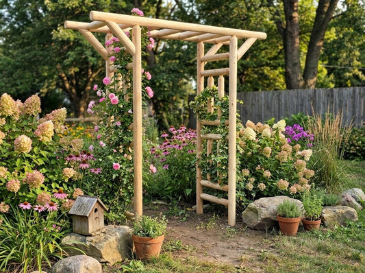 Light wood outdoor arbor with rectangular frame and horizontal top beam, arched garden-style