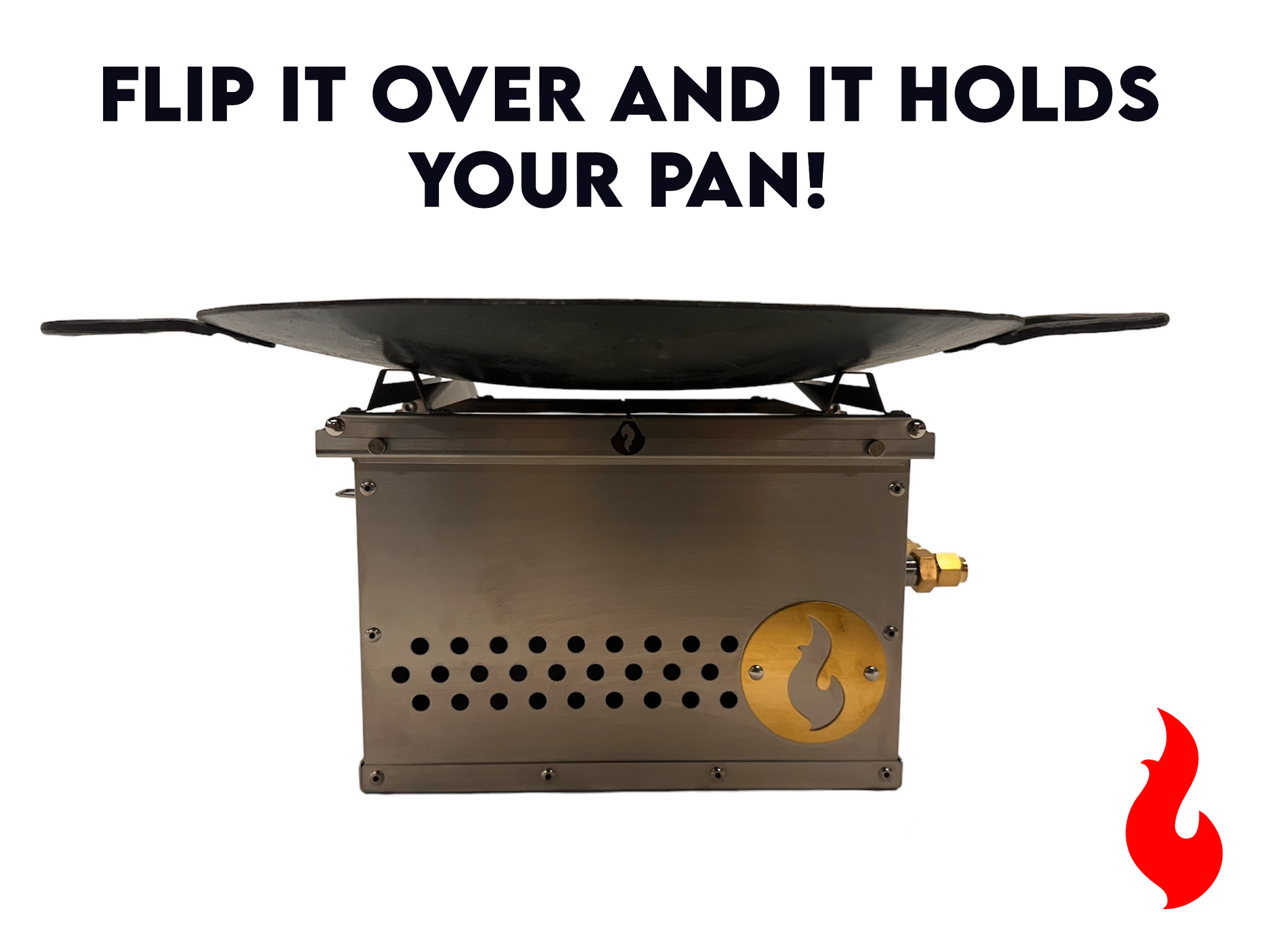 Flip-top campfire grill with round pan, side burner knob, and flame emblem on front