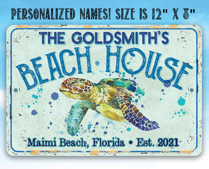 Personalized - Sea Turtle Beach House - Metal Sign