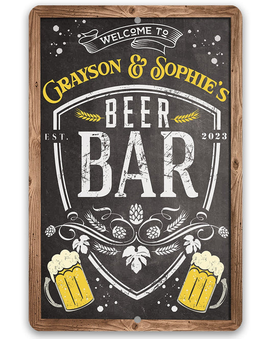 Framed metal beer bar wall sign with “Welcome to Beer Bar” and custom names