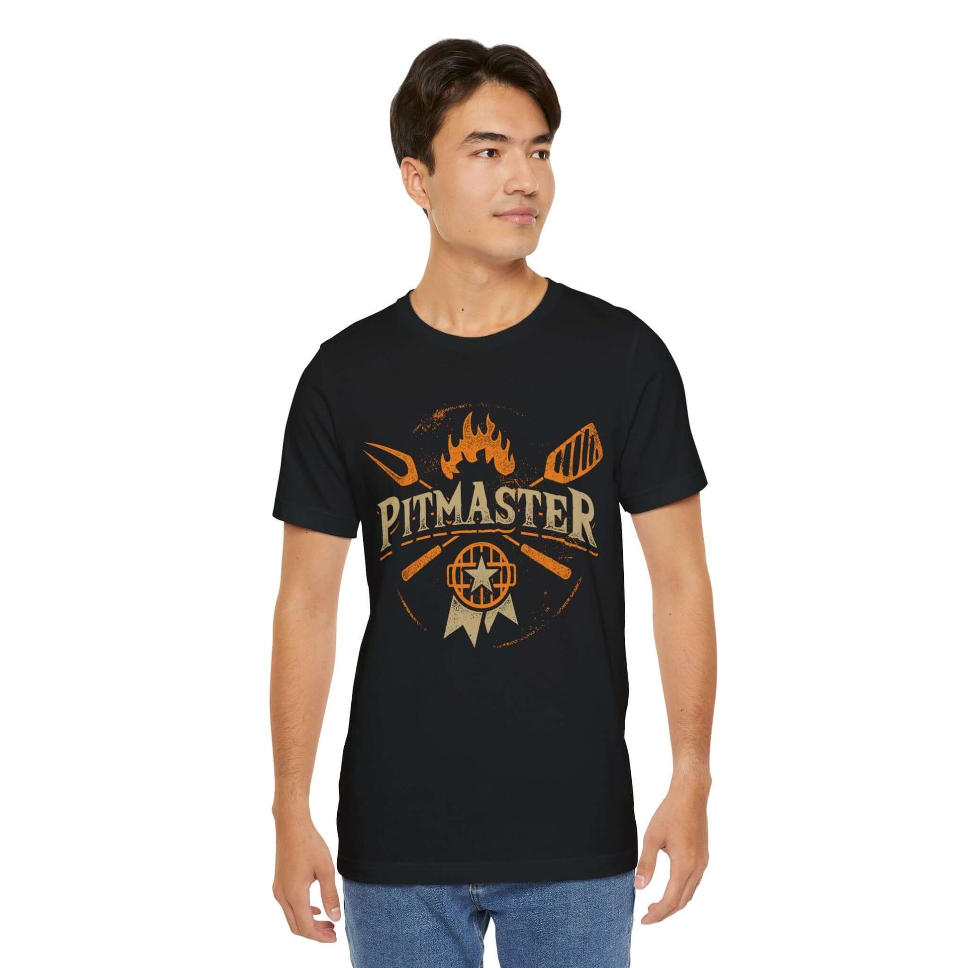 BBQ T-shirt with Pitmaster flame and grill logo, black