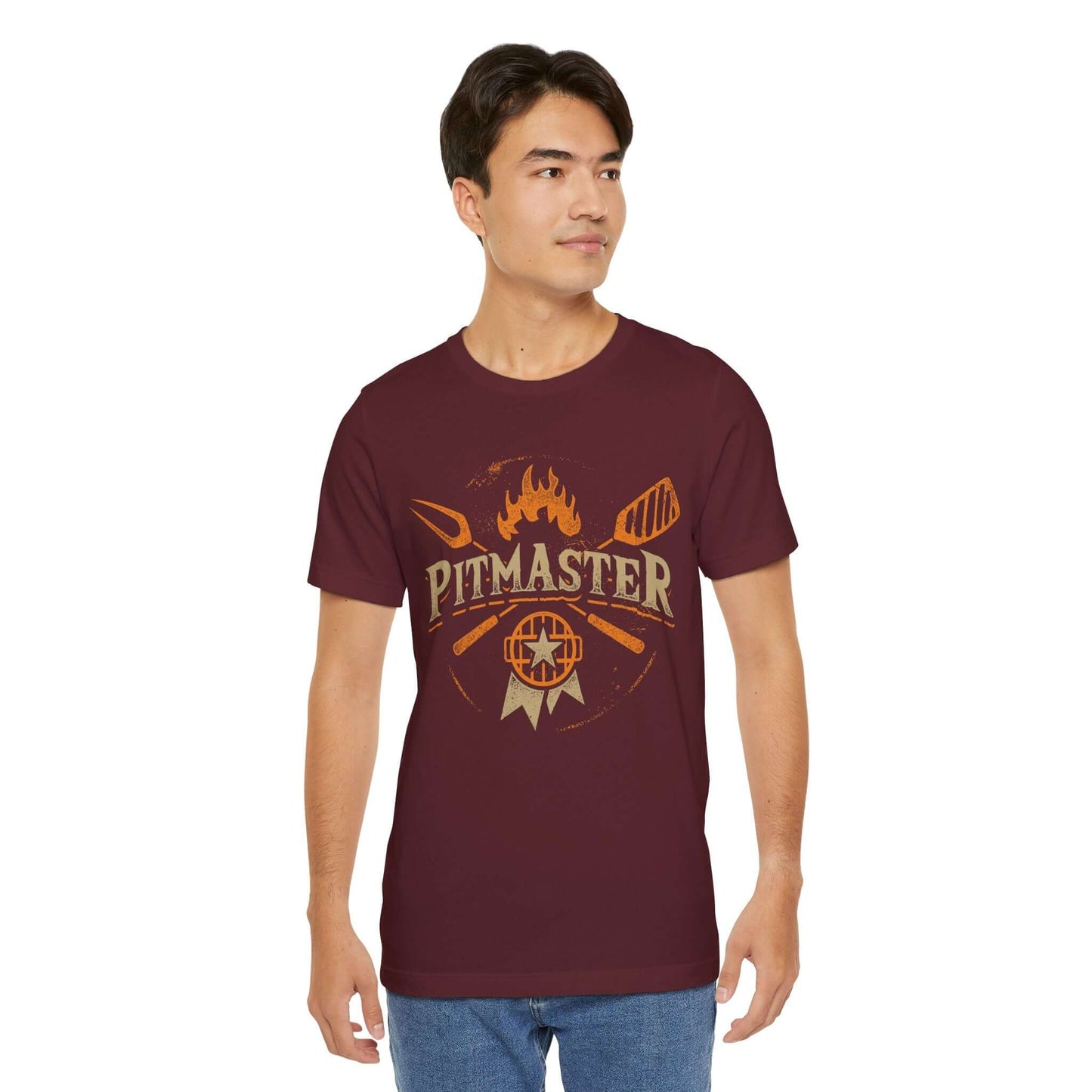 BBQ T-shirt with Pitmaster flame and grill logo, maroon