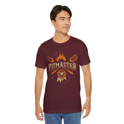 BBQ T-shirt with Pitmaster flame and grill logo, maroon