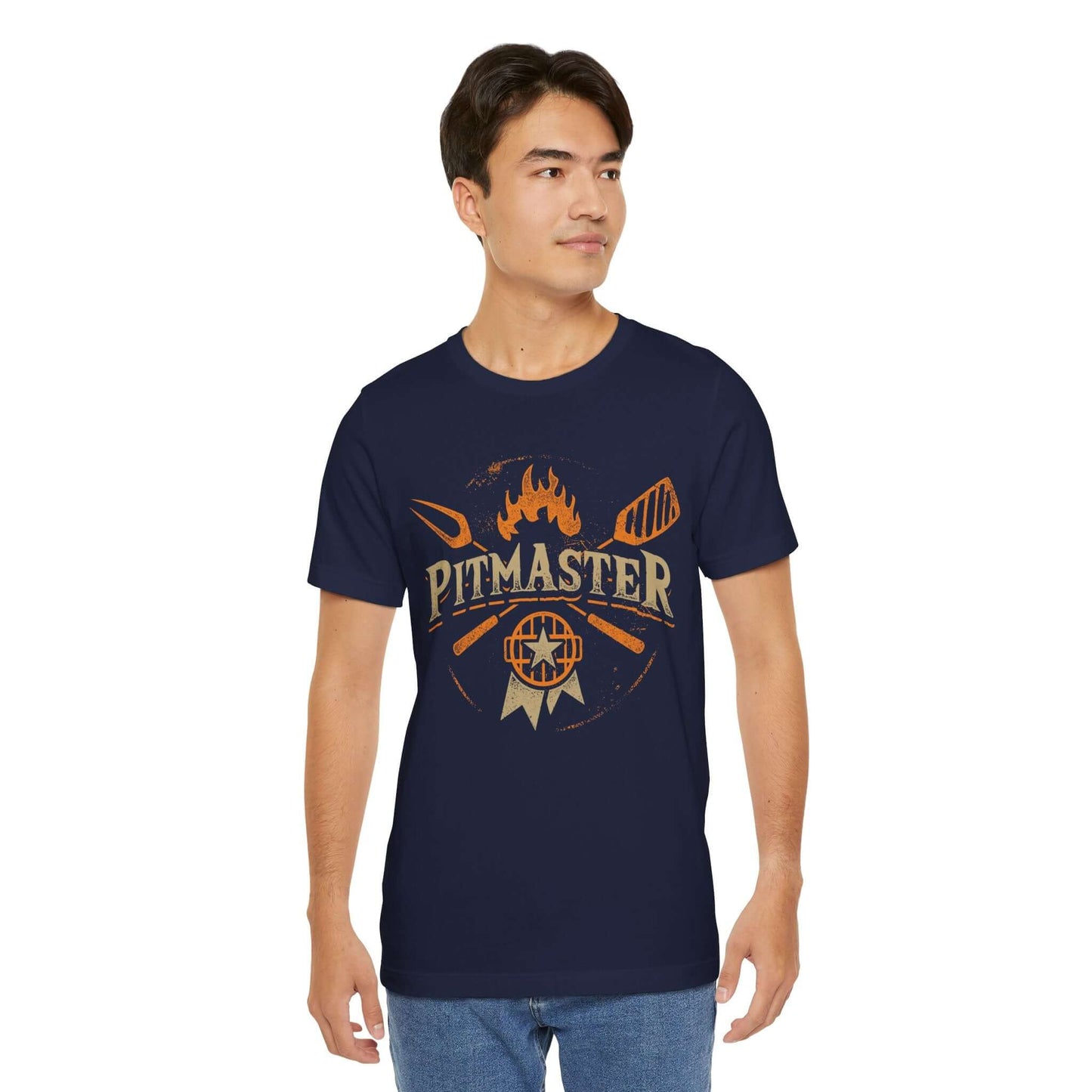 BBQ T-shirt with Pitmaster flame and grill logo, navy blue