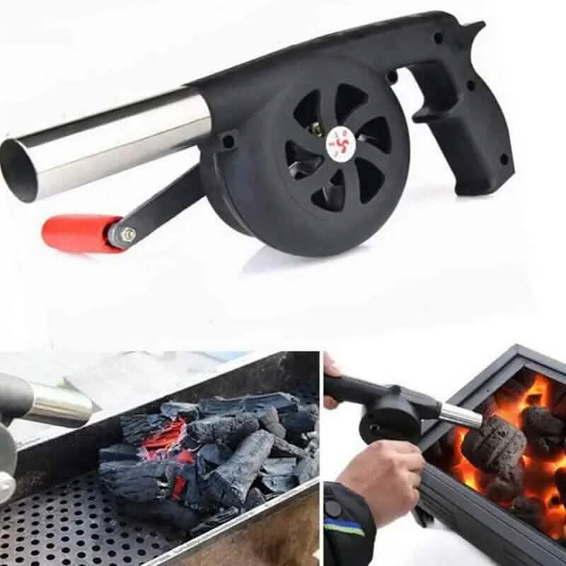 Black hand-operated fire blower with silver air tube and red accent trigger