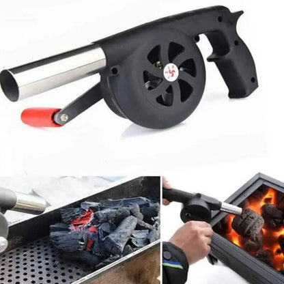 Black hand-operated fire blower with silver air tube and red accent trigger