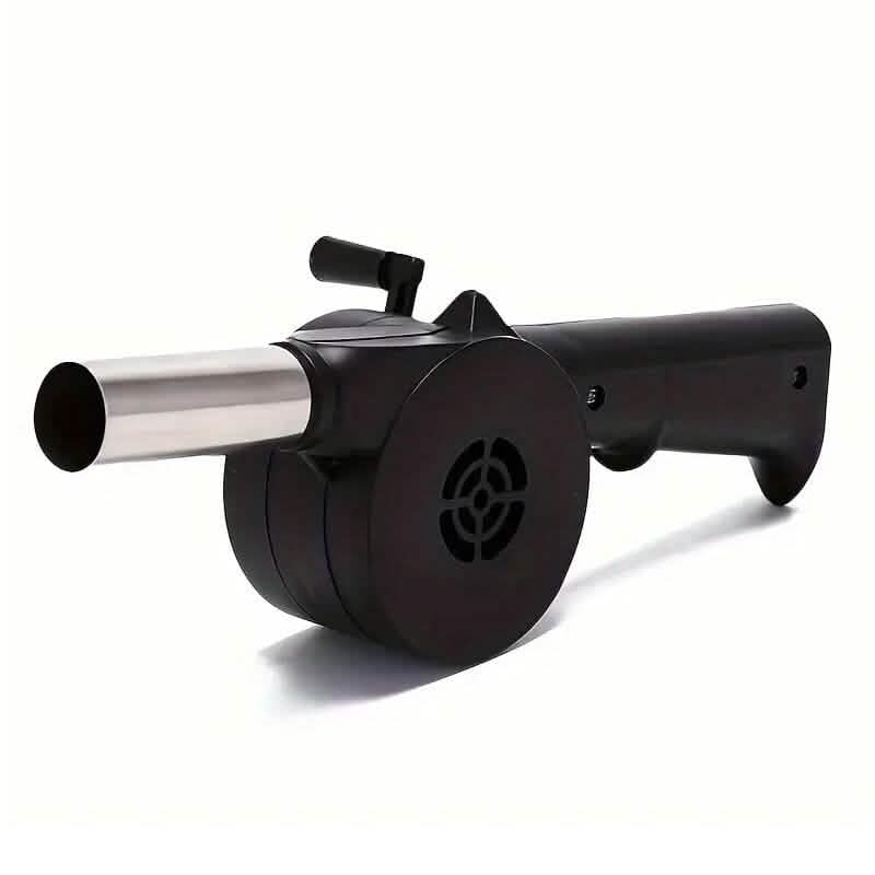Black fire blower tool with round fan housing and silver intake tube