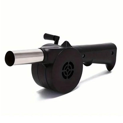Black fire blower tool with round fan housing and silver intake tube