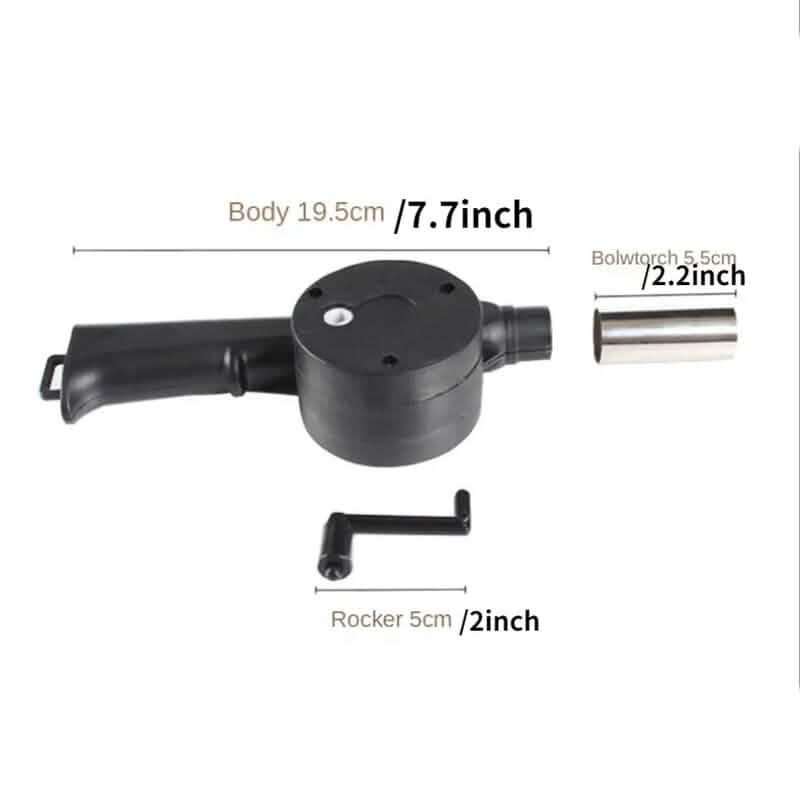 Fire blower size diagram with black blower body, silver tube, and rocker
