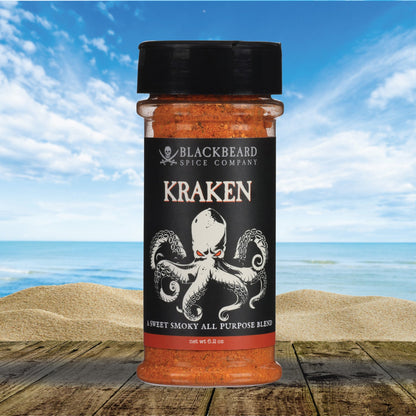 Kraken spice rub bottle with black cap; orange-brown seasoning blend