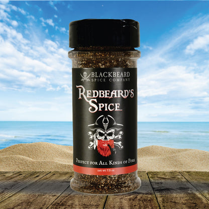 Spice rub seasoning bottle with black label and Redbeard’s Spice logo