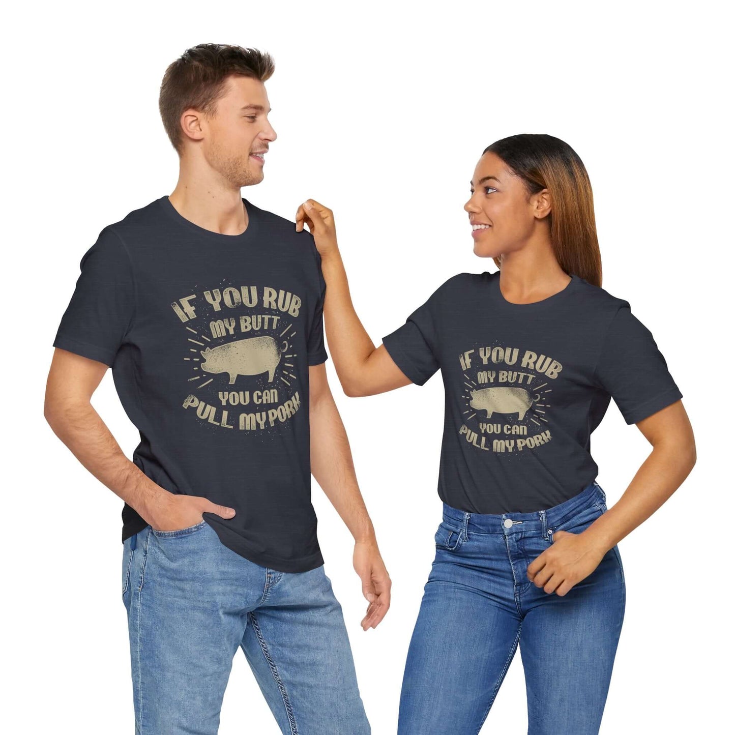 BBQ T-shirt in heather midnight navy with pig graphic and quote lettering