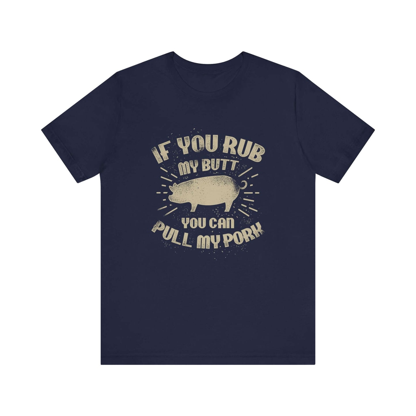 Navy BBQ T-shirt with centered pig graphic and quote-style lettering