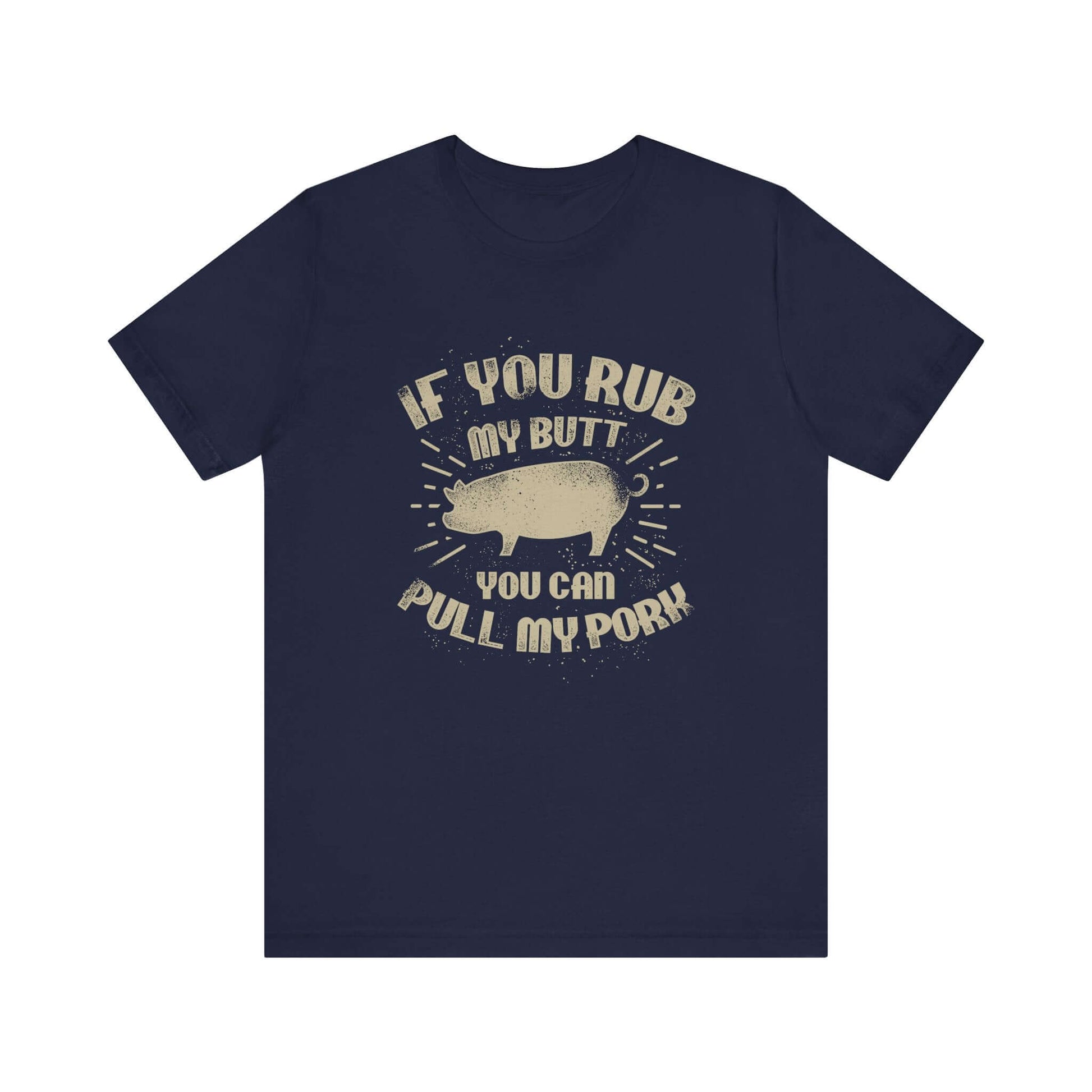 Navy BBQ T-shirt with centered pig graphic and quote-style lettering