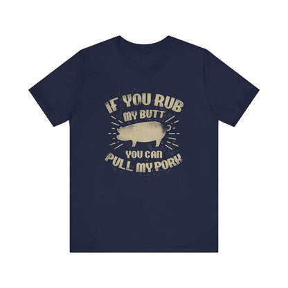 Navy BBQ T-shirt with centered pig graphic and quote-style lettering