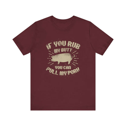 Maroon BBQ T-shirt with centered pig graphic and quote-style lettering