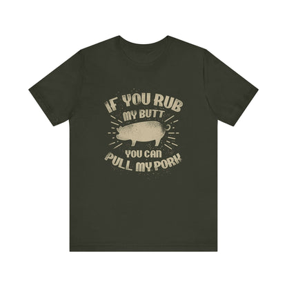 Dark olive BBQ T-shirt with centered pig graphic and quote-style lettering