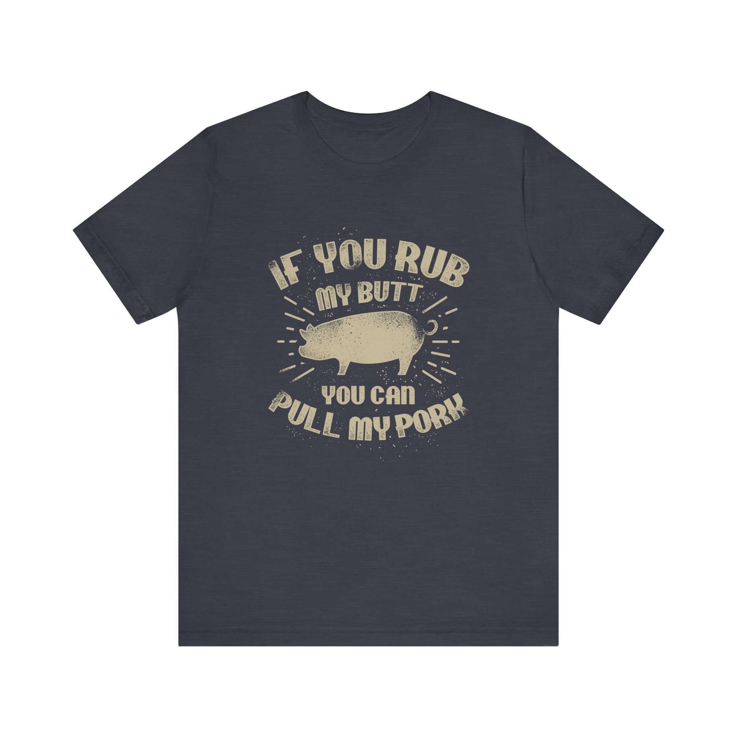 Heather midnight navy BBQ T-shirt with centered pig graphic and quote-style lettering